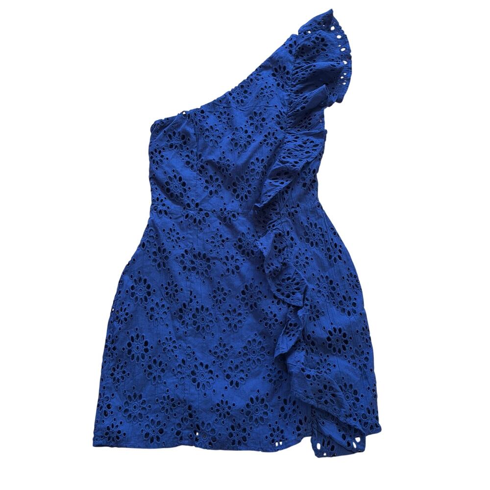 NWT Lovers+Friends Navy Blue Eyelet One Shoulder Ruffle Mini Dress Wedding Guest - Picture 2 of 8